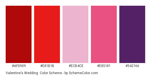 Valentine’s Wedding - Color scheme palette thumbnail - #AF0909 #E81B1B #ECB4CE #E85181 #542166 