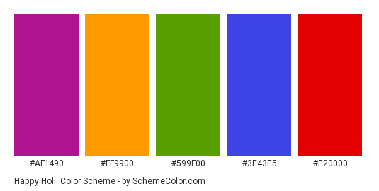 Happy Holi - Color scheme palette thumbnail - #AF1490 #FF9900 #599F00 #3E43E5 #E20000 