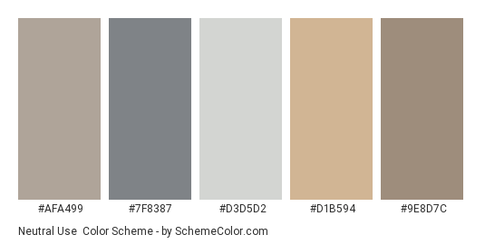 Neutral Use - Color scheme palette thumbnail - #AFA499 #7F8387 #D3D5D2 #D1B594 #9E8D7C 