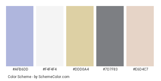 Flowery Bookmarks - Color scheme palette thumbnail - #AFB6DD #F4F4F4 #DDD0A4 #7D7F83 #E6D4C7 