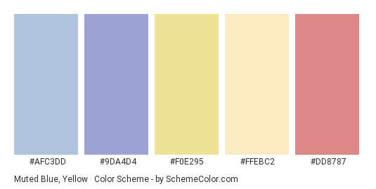Muted Blue, Yellow & Red - Color scheme palette thumbnail - #AFC3DD #9DA4D4 #F0E295 #FFEBC2 #DD8787 