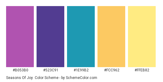 Seasons of Joy - Color scheme palette thumbnail - #B053B0 #523C91 #1E99B2 #FCC962 #FFEB82 