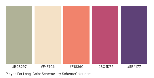 Played for Long - Color scheme palette thumbnail - #B0B297 #F4E1C6 #F1836C #BC4D72 #5e4177 
