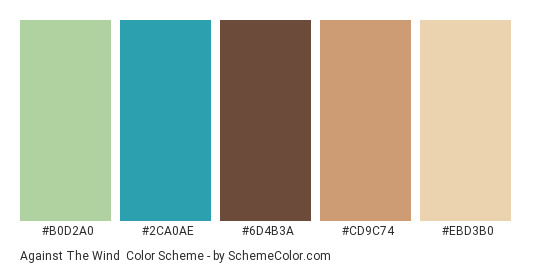 Against the Wind - Color scheme palette thumbnail - #B0D2A0 #2CA0AE #6D4B3A #CD9C74 #EBD3B0 