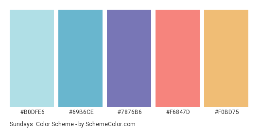 Sundays - Color scheme palette thumbnail - #B0DFE6 #69B6CE #7876B6 #F6847D #F0BD75 