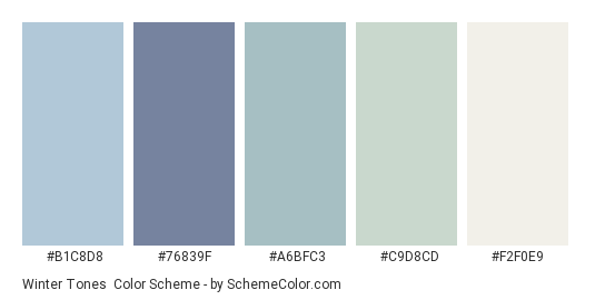 Winter Tones - Color scheme palette thumbnail - #B1C8D8 #76839F #A6BFC3 #C9D8CD #F2F0E9 