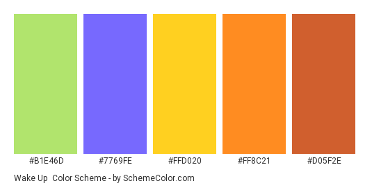 Wake Up - Color scheme palette thumbnail - #B1E46D #7769FE #FFD020 #FF8C21 #D05F2E 