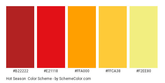 Hot Season - Color scheme palette thumbnail - #B22222 #e21118 #FFA000 #FFCA38 #F2EE80 