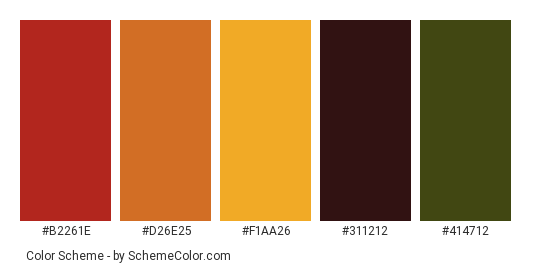 Forest Heat by Sunbeam - Color scheme palette thumbnail - #B2261E #D26E25 #F1AA26 #311212 #414712 