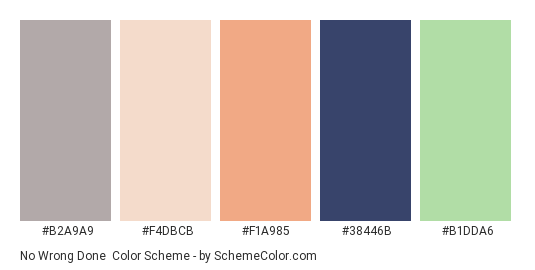 No Wrong Done - Color scheme palette thumbnail - #B2A9A9 #F4DBCB #F1A985 #38446B #B1DDA6 