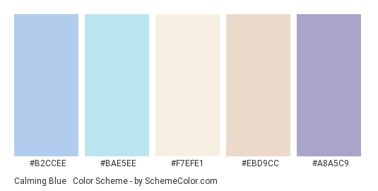 Calming Blue & Purple Pastels - Color scheme palette thumbnail - #B2CCEE #BAE5EE #F7EFE1 #EBD9CC #A8A5C9 