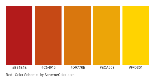 Red & Yellow Gradient - Color scheme palette thumbnail - #B31B1B #C64915 #D9770E #ECA508 #FFD301 