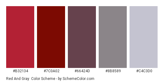 Red and Gray - Color scheme palette thumbnail - #B32134 #7C0A02 #66424D #8B8589 #C4C3D0 