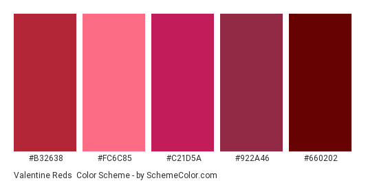 Valentine Reds - Color scheme palette thumbnail - #B32638 #FC6C85 #C21D5A #922A46 #660202 