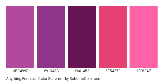 Anything for Love - Color scheme palette thumbnail - #B3499D #91348B #661453 #E54273 #FF63A7 