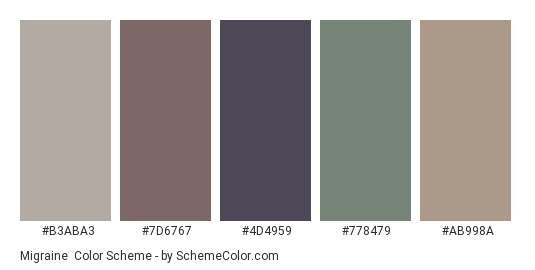 Migraine - Color scheme palette thumbnail - #B3ABA3 #7D6767 #4D4959 #778479 #AB998A 