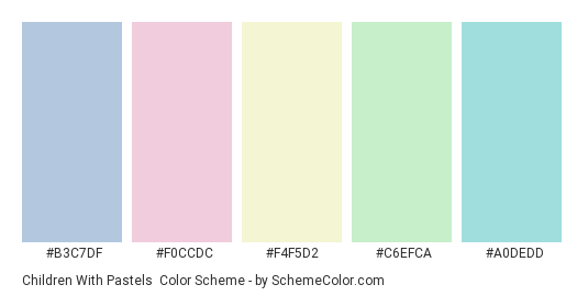 Children with Pastels - Color scheme palette thumbnail - #B3C7DF #F0CCDC #F4F5D2 #C6EFCA #A0DEDD 