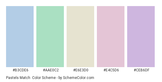 Pastels Match - Color scheme palette thumbnail - #B3CDE6 #AAE0C2 #E6E3D0 #E4C5D6 #CEB6DF 