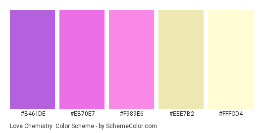 Love Chemistry - Color scheme palette thumbnail - #B461DE #EB70E7 #F989E6 #EEE7B2 #FFFCD4 