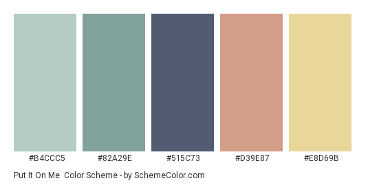 Put It On Me - Color scheme palette thumbnail - #B4CCC5 #82A29E #515C73 #D39E87 #E8D69B 