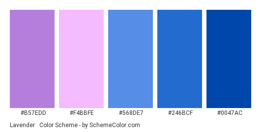 Lavender & Blue - Color scheme palette thumbnail - #B57EDD #F4BBFE #568DE7 #246BCF #0047AC 