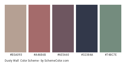 Dusty Wall - Color scheme palette thumbnail - #B5A093 #A46B6B #6E5660 #32384A #748C7E 