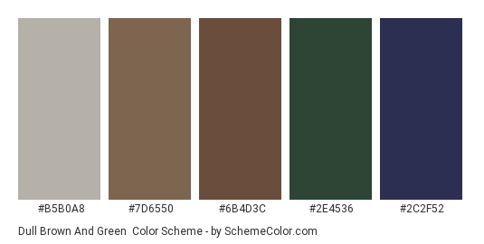 Dull Brown and Green - Color scheme palette thumbnail - #B5B0A8 #7D6550 #6B4D3C #2E4536 #2C2F52 