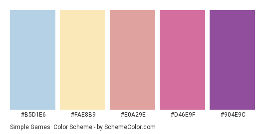 Simple Games - Color scheme palette thumbnail - #B5D1E6 #FAE8B9 #E0A29E #D46E9F #904E9C 