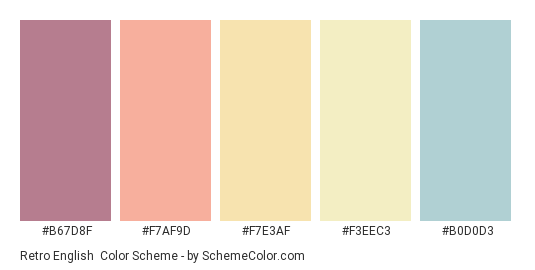 Retro English - Color scheme palette thumbnail - #B67D8F #F7AF9D #F7E3AF #F3EEC3 #B0D0D3 