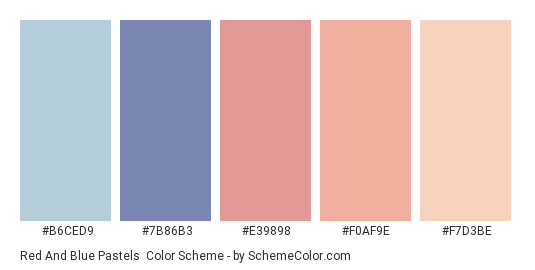 Red and Blue Pastels - Color scheme palette thumbnail - #B6CED9 #7B86B3 #E39898 #F0AF9E #F7D3BE 