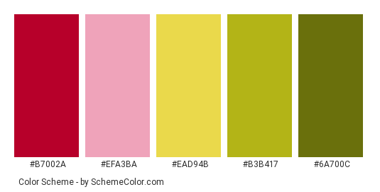 Delicious Fruit Drink - Color scheme palette thumbnail - #B7002A #EFA3BA #EAD94B #B3B417 #6A700C 