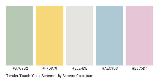 Tender Touch - Color scheme palette thumbnail - #B7C9B2 #F7D878 #E5E4DE #AEC9D3 #E6C5D4 