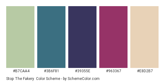 Stop the Fakery - Color scheme palette thumbnail - #B7CAA4 #3B6F81 #39355E #963367 #E8D2B7 