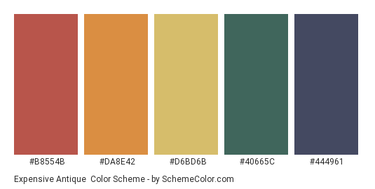 Expensive Antique - Color scheme palette thumbnail - #B8554B #da8e42 #D6BD6B #40665C #444961 
