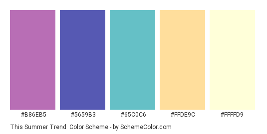 This Summer Trend - Color scheme palette thumbnail - #B86EB5 #5659B3 #65C0C6 #FFDE9C #FFFFD9 