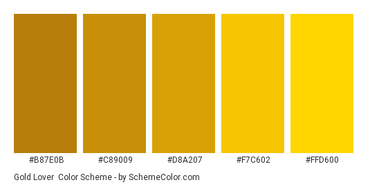 Gold Lover - Color scheme palette thumbnail - #B87E0B #C89009 #D8A207 #F7C602 #ffd600 