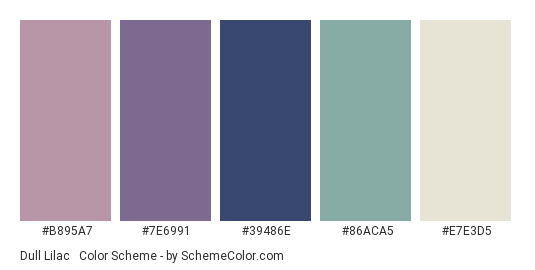 Dull Lilac & Blue - Color scheme palette thumbnail - #B895A7 #7E6991 #39486E #86ACA5 #E7E3D5 