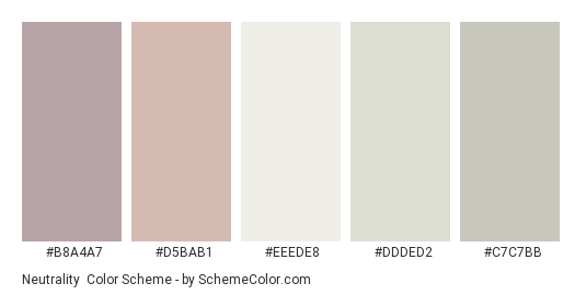 Neutrality - Color scheme palette thumbnail - #B8A4A7 #D5BAB1 #EEEDE8 #DDDED2 #C7C7BB 