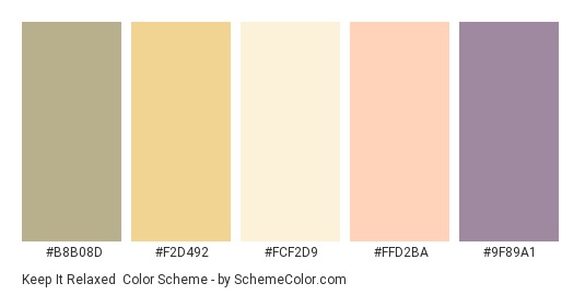 Keep it Relaxed - Color scheme palette thumbnail - #B8B08D #F2D492 #FCF2D9 #FFD2BA #9F89A1 