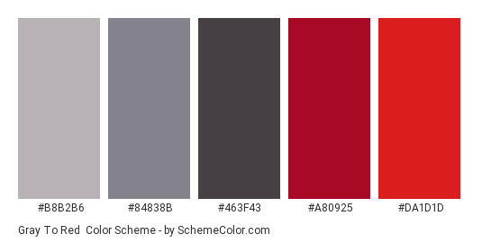 Gray to Red - Color scheme palette thumbnail - #B8B2B6 #84838B #463F43 #A80925 #DA1D1D 