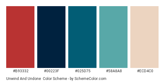 Unwind and Undone - Color scheme palette thumbnail - #B93332 #00223F #025D75 #58A8A8 #ECD4C0 