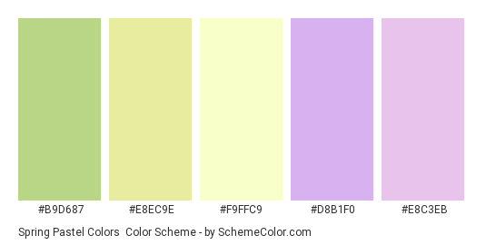 Spring Pastel Colors - Color scheme palette thumbnail - #B9D687 #E8EC9E #F9FFC9 #D8B1F0 #E8C3EB 