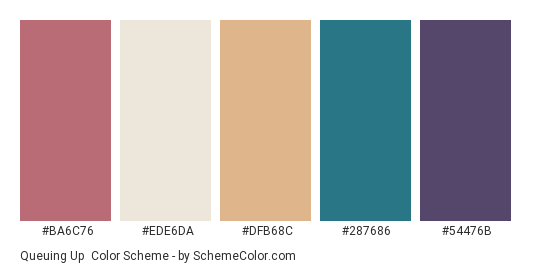 Queuing Up - Color scheme palette thumbnail - #BA6C76 #EDE6DA #DFB68C #287686 #54476B 