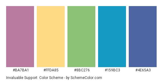 Invaluable Support - Color scheme palette thumbnail - #BA7BA1 #FFDA85 #8BC276 #159BC3 #4E65A3 
