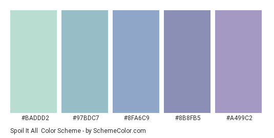 Spoil It All - Color scheme palette thumbnail - #BADDD2 #97BDC7 #8FA6C9 #8B8FB5 #A499C2 
