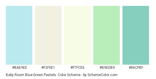 Baby Room Blue-Green Pastels - Color scheme palette thumbnail - #BAE9EE #F2F0E1 #F7FCE6 #B9EDB9 #86CFBF 