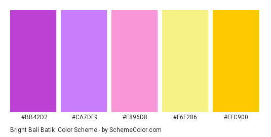 Bright Bali Batik - Color scheme palette thumbnail - #BB42D2 #CA7DF9 #F896D8 #F6F286 #FFC900 