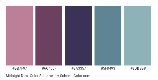 Midnight Dew - Color scheme palette thumbnail - #BB7F97 #6C405F #3A3357 #5F8493 #8DB3B8 