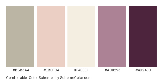 Comfortable - Color scheme palette thumbnail - #BBB5A4 #EBCFC4 #F4EEE1 #AC8295 #4D243D 