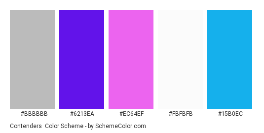 Contenders - Color scheme palette thumbnail - #BBBBBB #6213EA #EC64EF #FBFBFB #15B0EC 